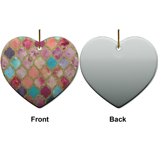 Glitter Moroccan Watercolor Ceramic Flat Ornament - Heart Front & Back (APPROVAL)