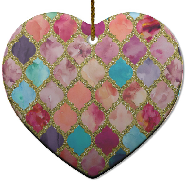 Glitter Moroccan Watercolor Ceramic Flat Ornament - Heart (Front)