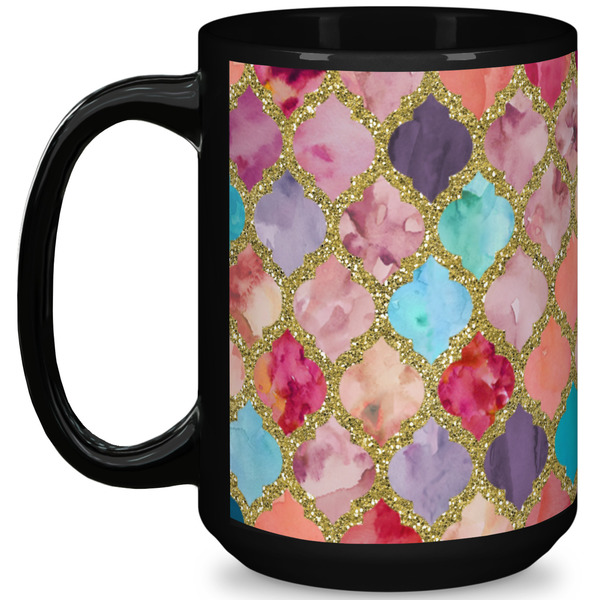 Custom Glitter Moroccan Watercolor 15 Oz Coffee Mug - Black