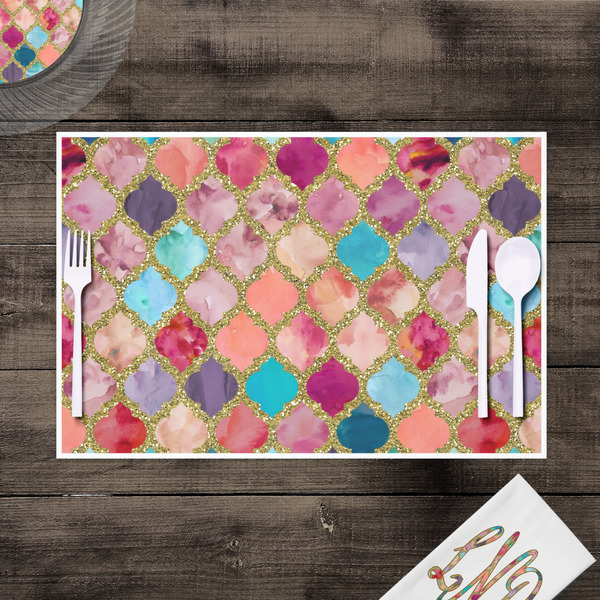 Glitter Moroccan Watercolor Disposable Paper Placemat - In Context