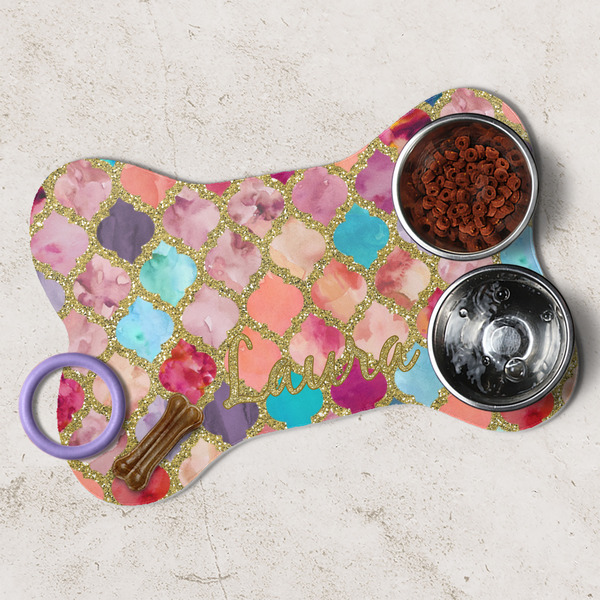 Glitter Moroccan Watercolor Dog Bone Shaped Mat Lifestyle