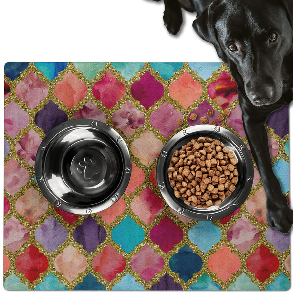 Custom Glitter Moroccan Watercolor Dog Food Mat - Large