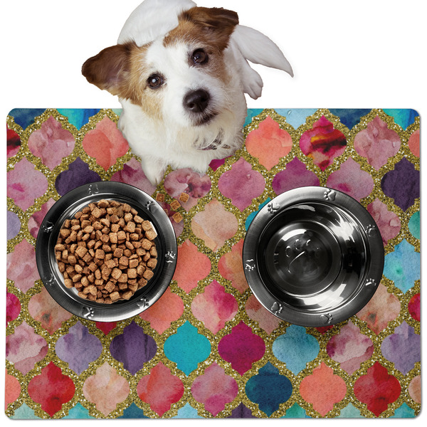 Custom Glitter Moroccan Watercolor Dog Food Mat - Medium