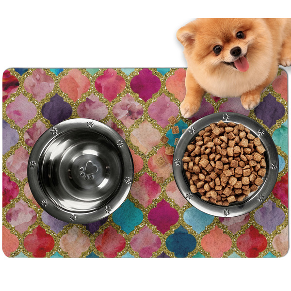 Custom Glitter Moroccan Watercolor Dog Food Mat - Small