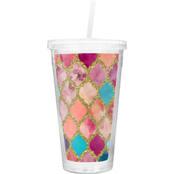 Glitter Moroccan Watercolor Double Wall Tumbler with Straw