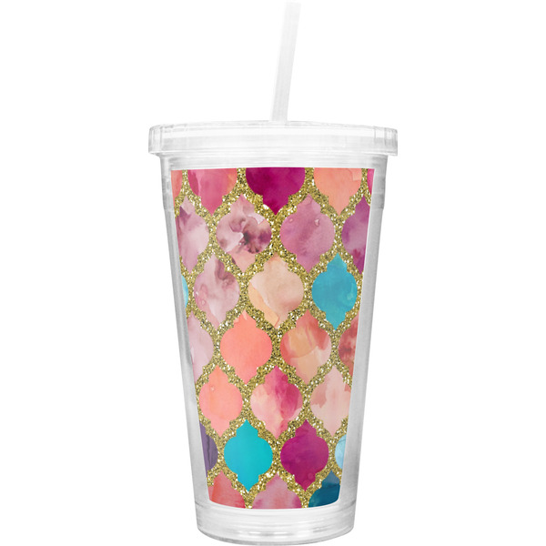Custom Glitter Moroccan Watercolor Double Wall Tumbler with Straw