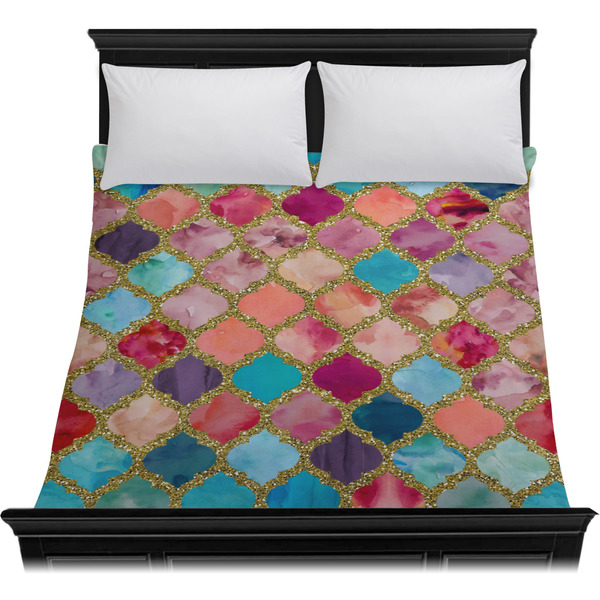 Glitter Moroccan Watercolor Duvet Cover - Queen - On Bed - No Prop