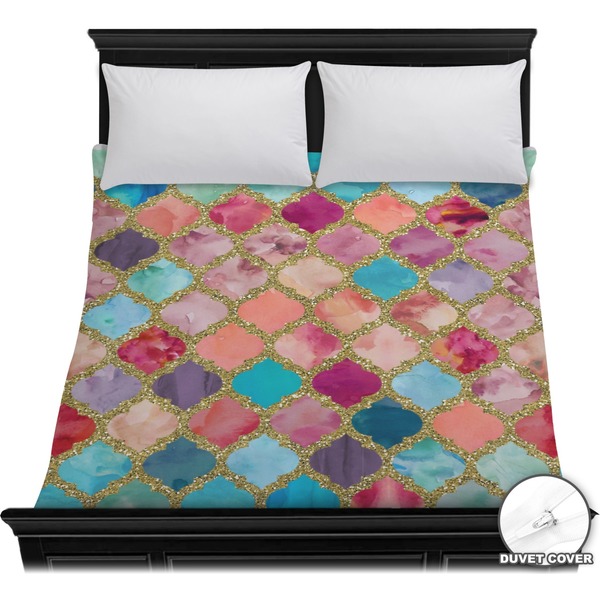 Custom Glitter Moroccan Watercolor Duvet Cover - Full / Queen