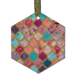 Glitter Moroccan Watercolor Flat Glass Ornament - Hexagon