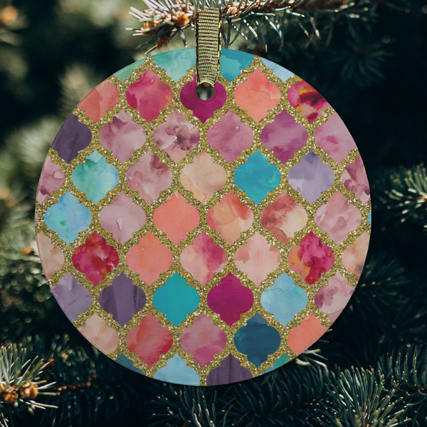 Glitter Moroccan Watercolor Frosted Glass Ornament - Round (Lifestyle)