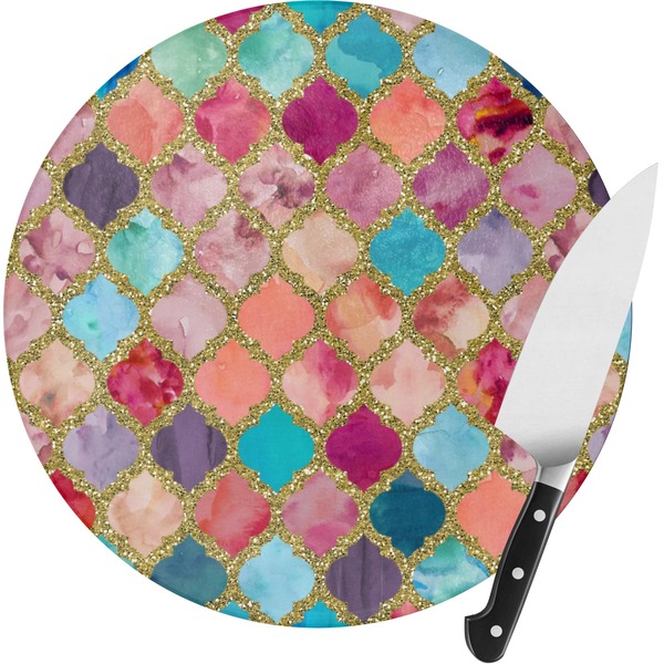 Custom Glitter Moroccan Watercolor Round Glass Cutting Board - Medium