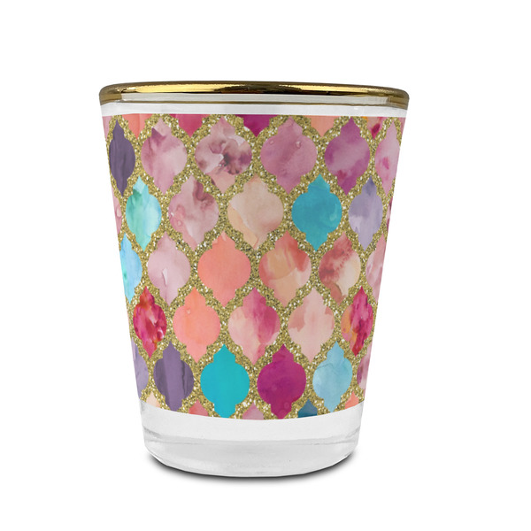 Custom Glitter Moroccan Watercolor Glass Shot Glass - 1.5 oz - with Gold Rim - Set of 4