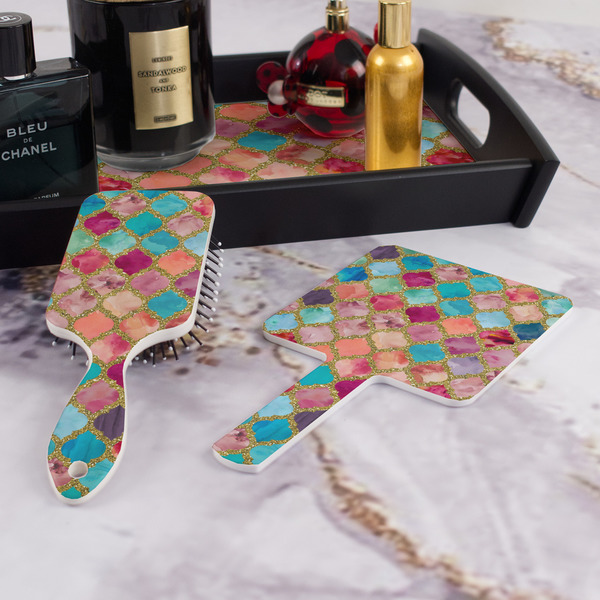 Glitter Moroccan Watercolor Hair Brush and Hand Mirror - Bathroom Scene