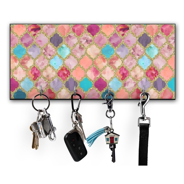 Custom Glitter Moroccan Watercolor Key Hanger w/ 4 Hooks