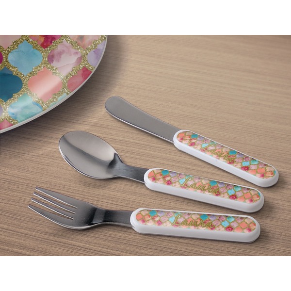 Glitter Moroccan Watercolor Kids Flatware w/ Plate