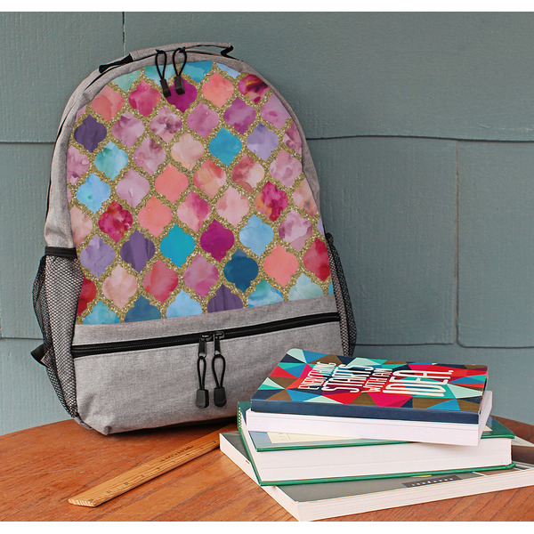 Glitter Moroccan Watercolor Large Backpack - Gray - On Desk