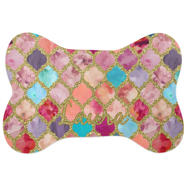 Custom Glitter Moroccan Watercolor Bone Shaped Dog Food Mat (Large)