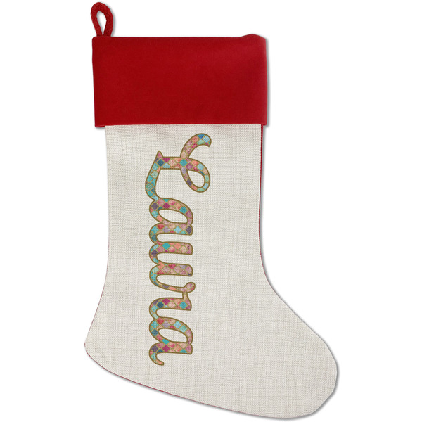 Custom Glitter Moroccan Watercolor Red Linen Stocking