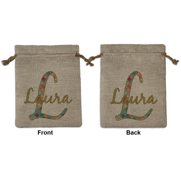 Custom Glitter Moroccan Watercolor Medium Burlap Gift Bag - Front & Back