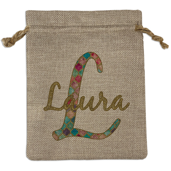 Custom Glitter Moroccan Watercolor Medium Burlap Gift Bag - Front