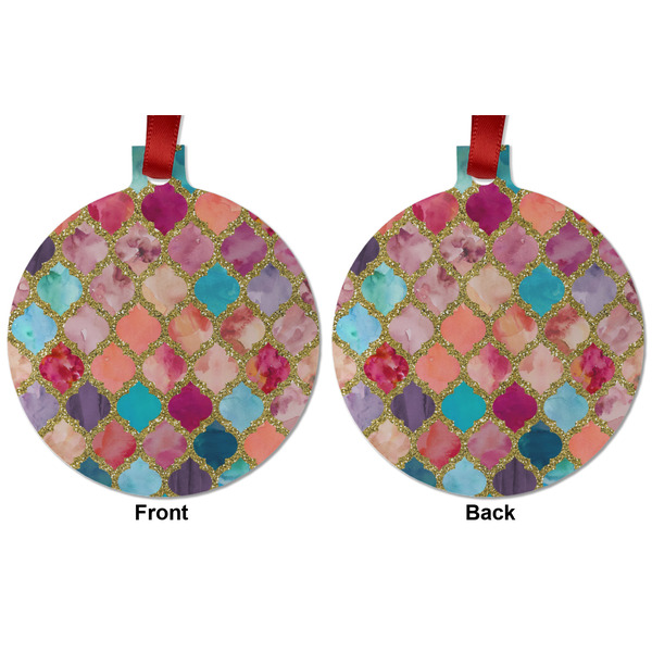 Glitter Moroccan Watercolor Metal Ball Ornament - Front and Back
