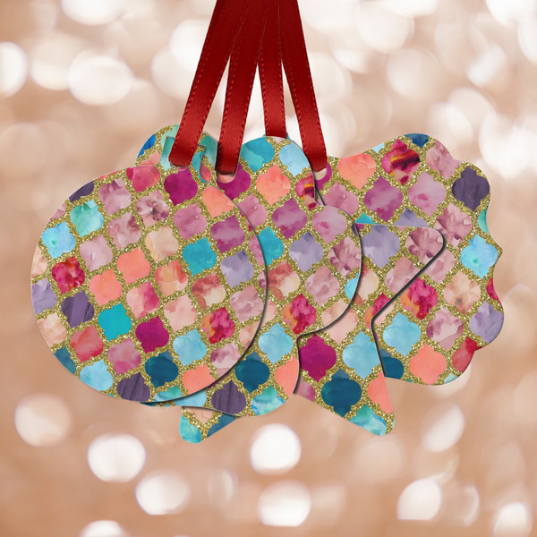 Custom Glitter Moroccan Watercolor Metal Ornaments - Double Sided