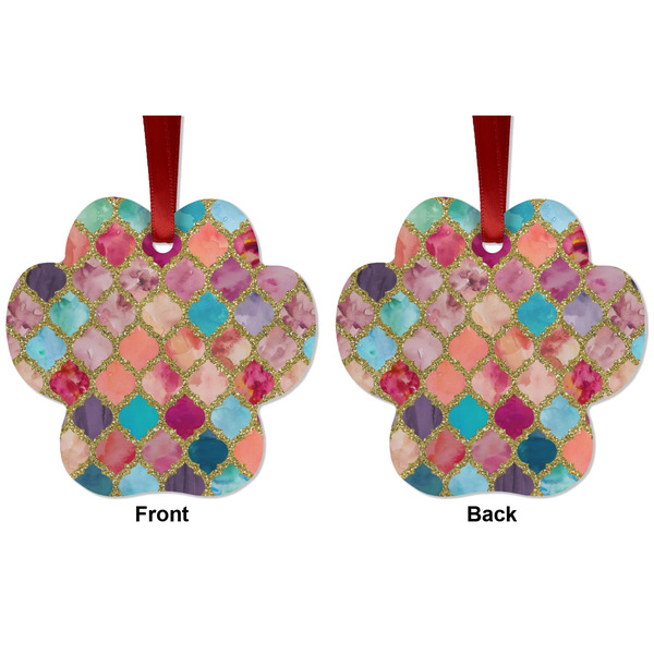 Glitter Moroccan Watercolor Metal Paw Ornament - Front and Back
