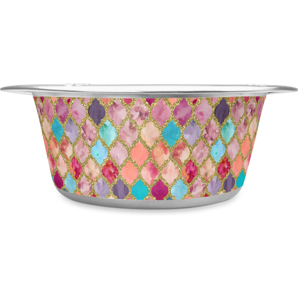 Custom Glitter Moroccan Watercolor Stainless Steel Dog Bowl - Medium