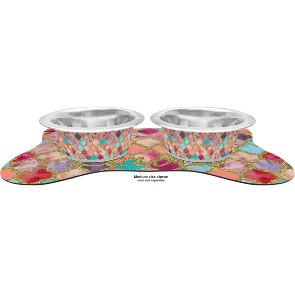 Glitter Moroccan Watercolor Metal Pet Bowls - On Dog Bone Shaped Mat