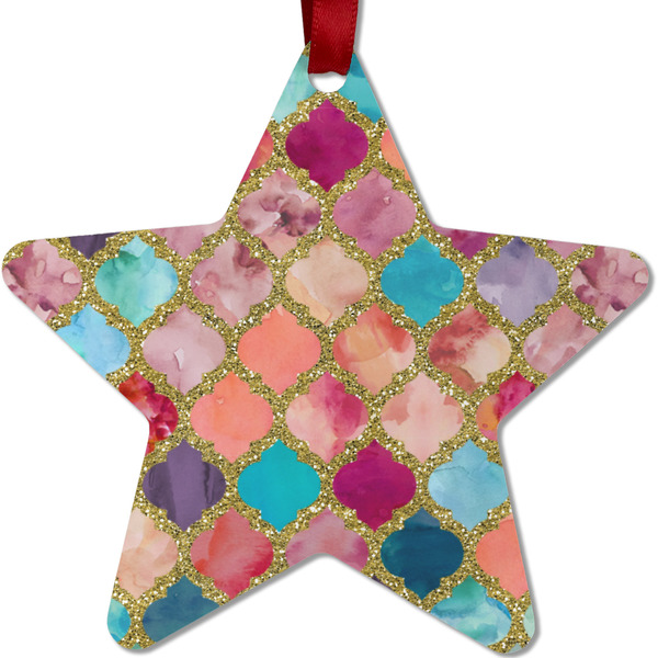 Custom Glitter Moroccan Watercolor Metal Star Ornament - Double Sided