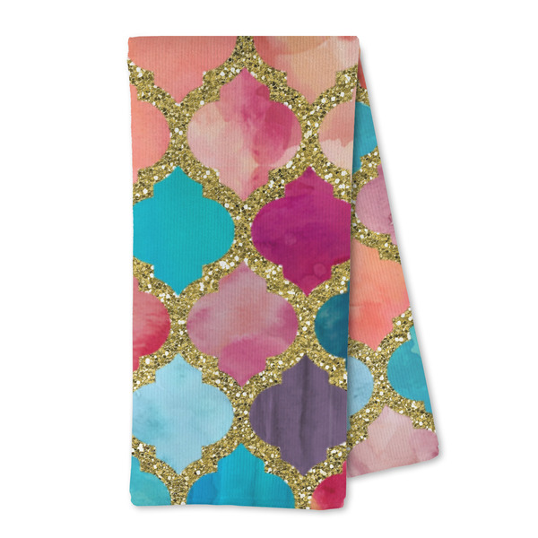 Custom Glitter Moroccan Watercolor Kitchen Towel - Microfiber