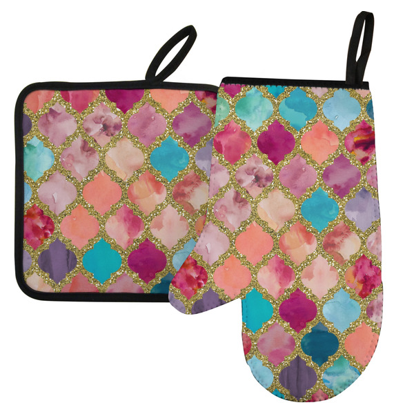 Custom Glitter Moroccan Watercolor Left Oven Mitt & Pot Holder Set