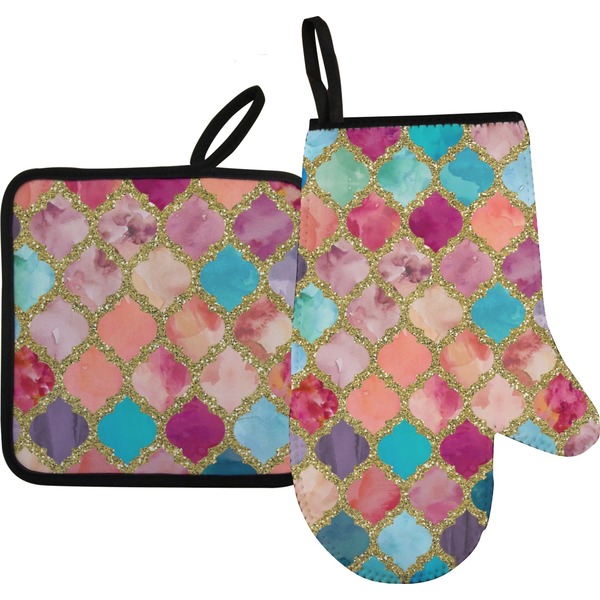 Custom Glitter Moroccan Watercolor Right Oven Mitt & Pot Holder Set