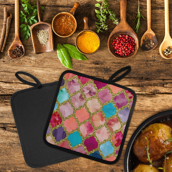 Glitter Moroccan Watercolor Neoprene Pot Holder - Set of 2  LIFESTYLE (Flatlay)
