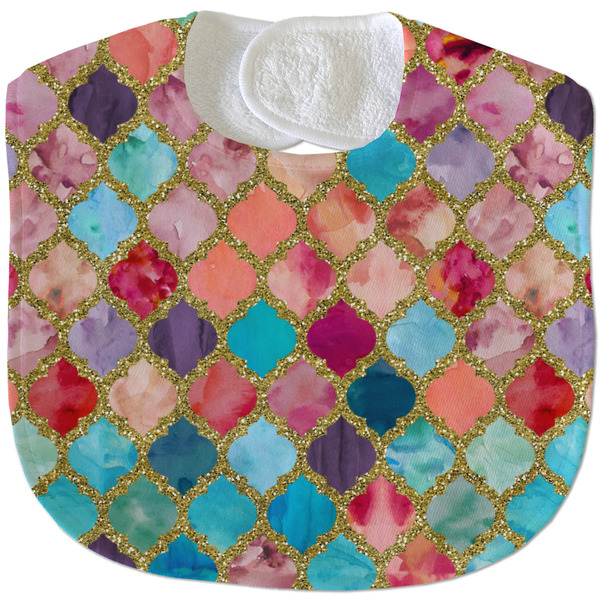 Glitter Moroccan Watercolor New Baby Bib - Closed and Folded
