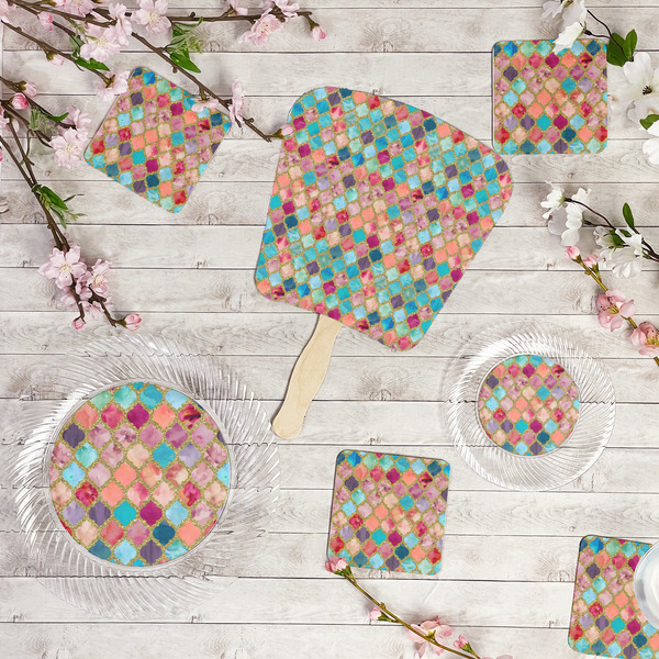 Glitter Moroccan Watercolor Party Supplies Combination Image - All items - Plates, Coasters, Fans