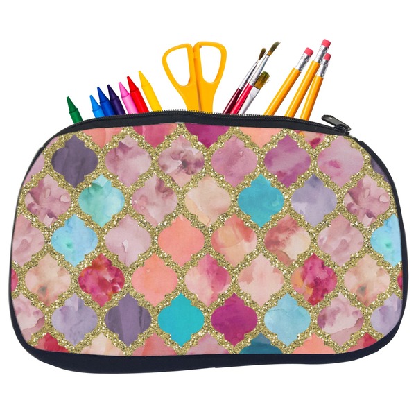 Custom Glitter Moroccan Watercolor Neoprene Pencil Case - Medium