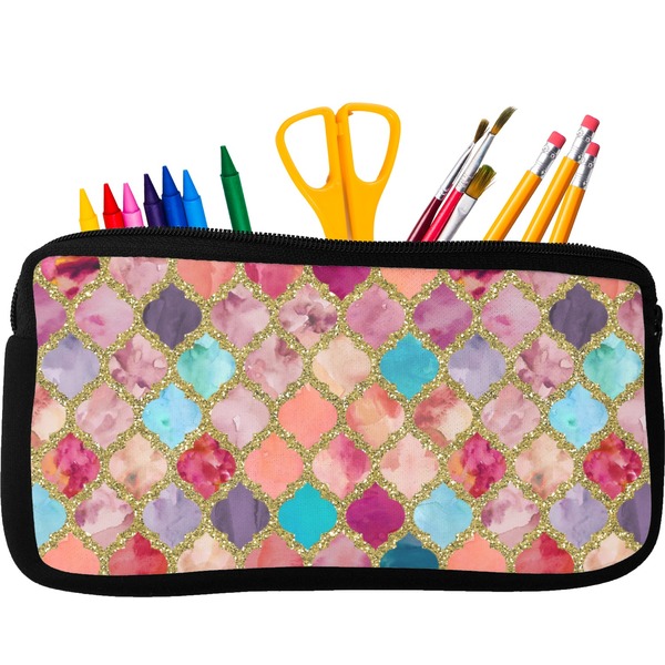Custom Glitter Moroccan Watercolor Neoprene Pencil Case - Small