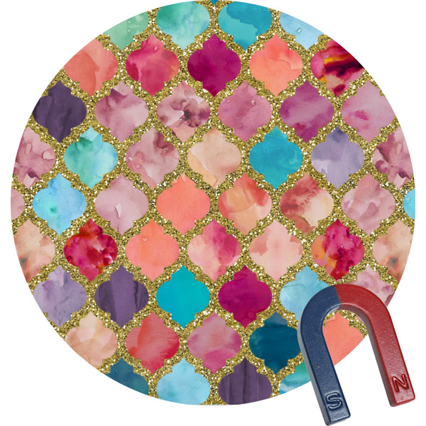 Custom Glitter Moroccan Watercolor Round Fridge Magnet