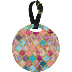 Glitter Moroccan Watercolor Plastic Luggage Tag - Round