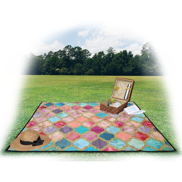 Glitter Moroccan Watercolor Picnic Blanket - with Basket Hat and Book - in Use