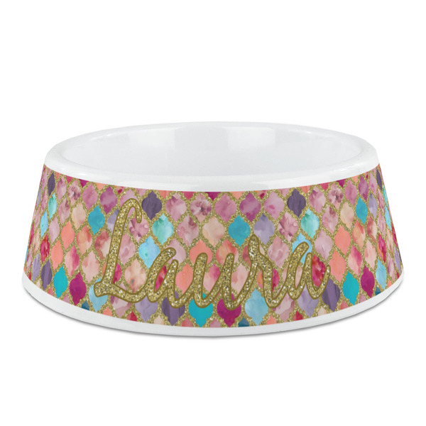 Custom Glitter Moroccan Watercolor Plastic Dog Bowl - Medium