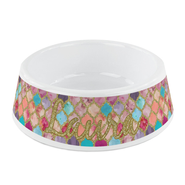 Custom Glitter Moroccan Watercolor Plastic Dog Bowl - Small