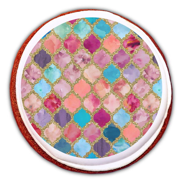 Glitter Moroccan Watercolor Printed Icing Circle - Large - On Cookie