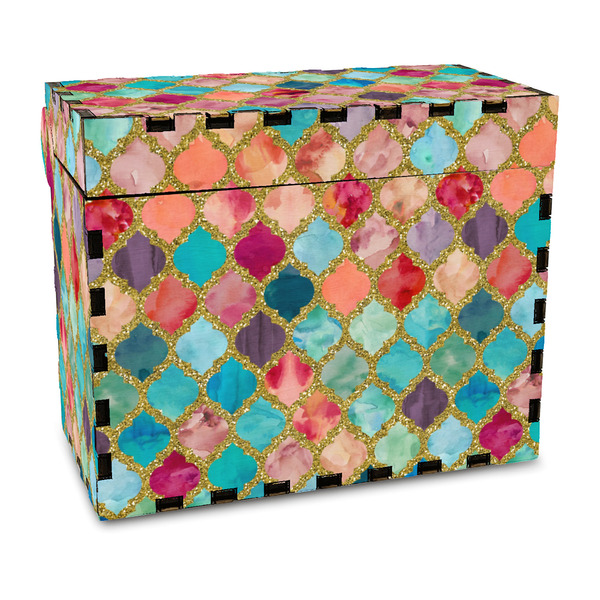 Custom Glitter Moroccan Watercolor Wood Recipe Box - Full Color Print