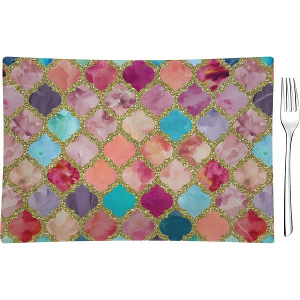 Custom Glitter Moroccan Watercolor Rectangular Glass Appetizer / Dessert Plate - Single or Set