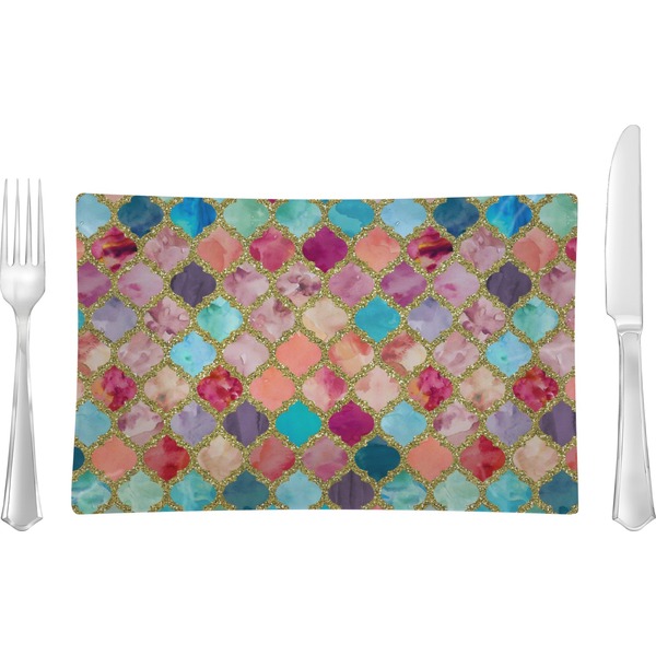 Custom Glitter Moroccan Watercolor Rectangular Glass Lunch / Dinner Plate - Single or Set