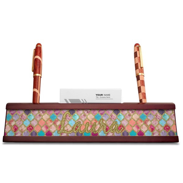 Glitter Moroccan Watercolor Red Mahogany Nameplates with Business Card Holder - Straight
