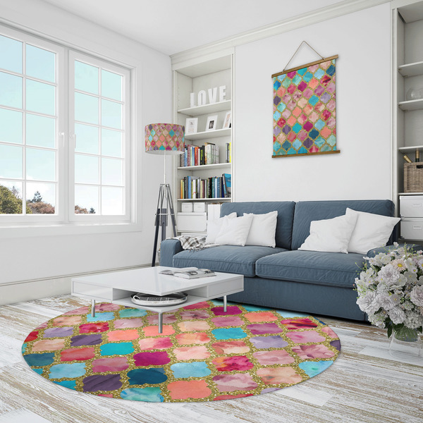 Glitter Moroccan Watercolor Round Area Rug - IN CONTEXT