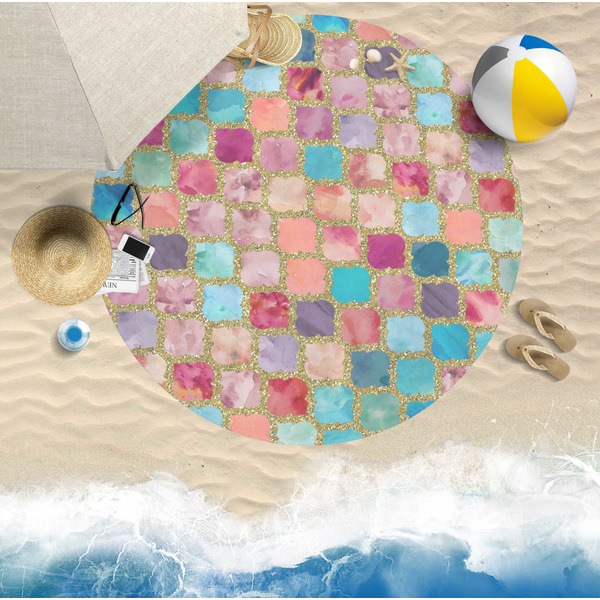 Glitter Moroccan Watercolor Round Beach Towel Lifestyle